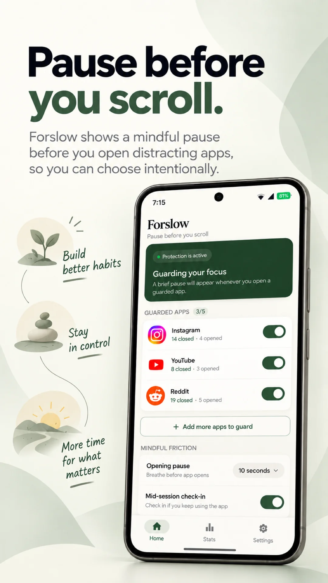 Forslow mindful pause breathing screen on Android